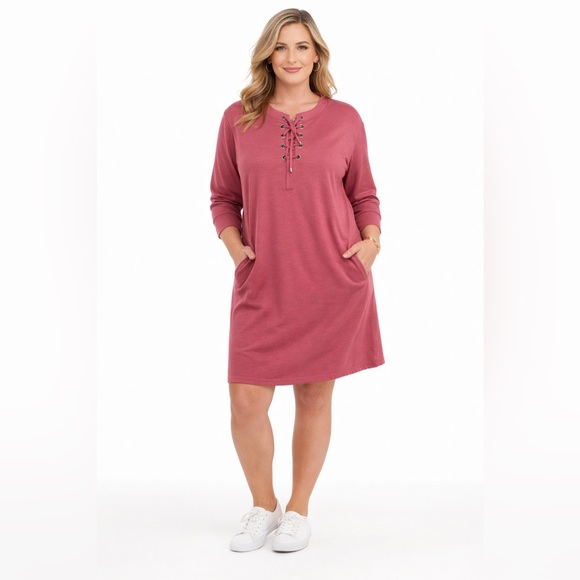 Woman Within 2X Pink Lace-Up Shift Dress Pockets 3/4 Sleeve Plus Size 26W/28W - Picture 2 of 13